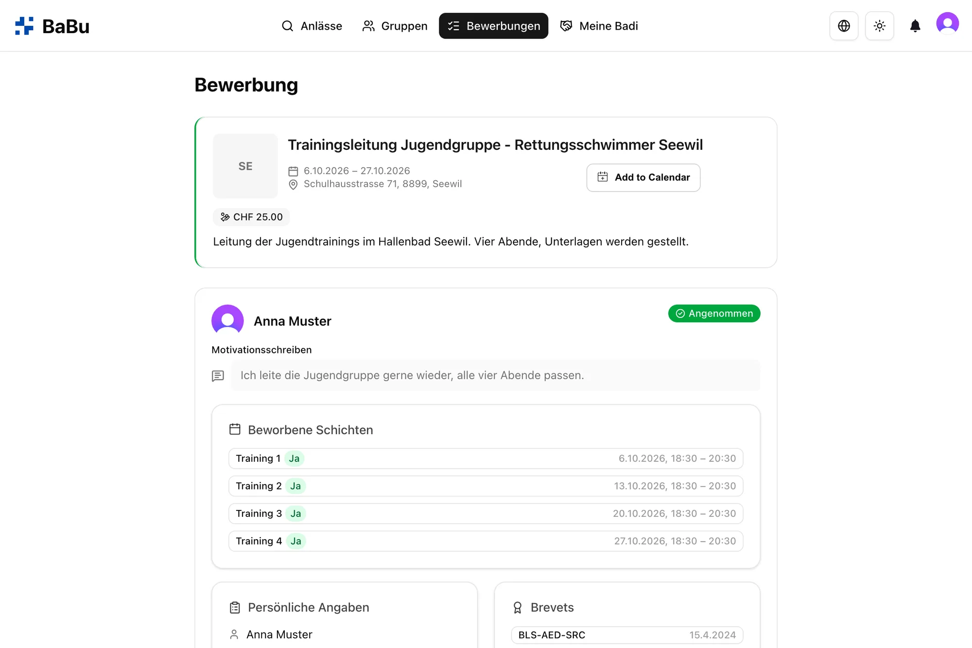 Angenommene Bewerbung mit Kalender-Export