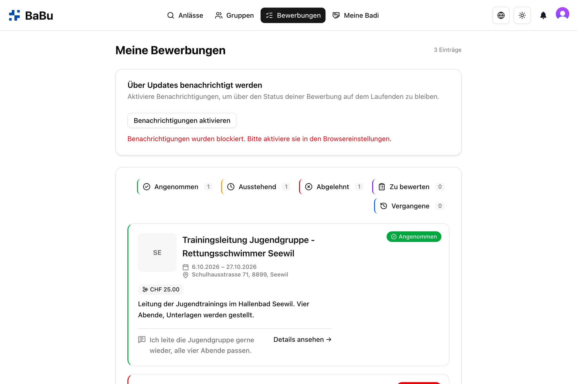 Übersicht der eigenen Bewerbungen
