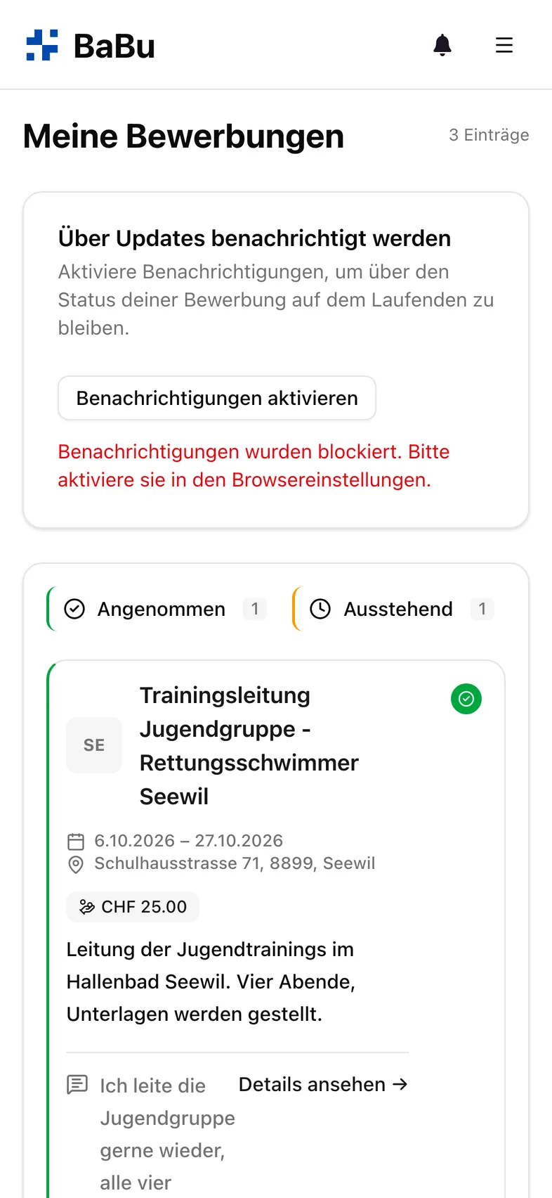 Übersicht der eigenen Bewerbungen