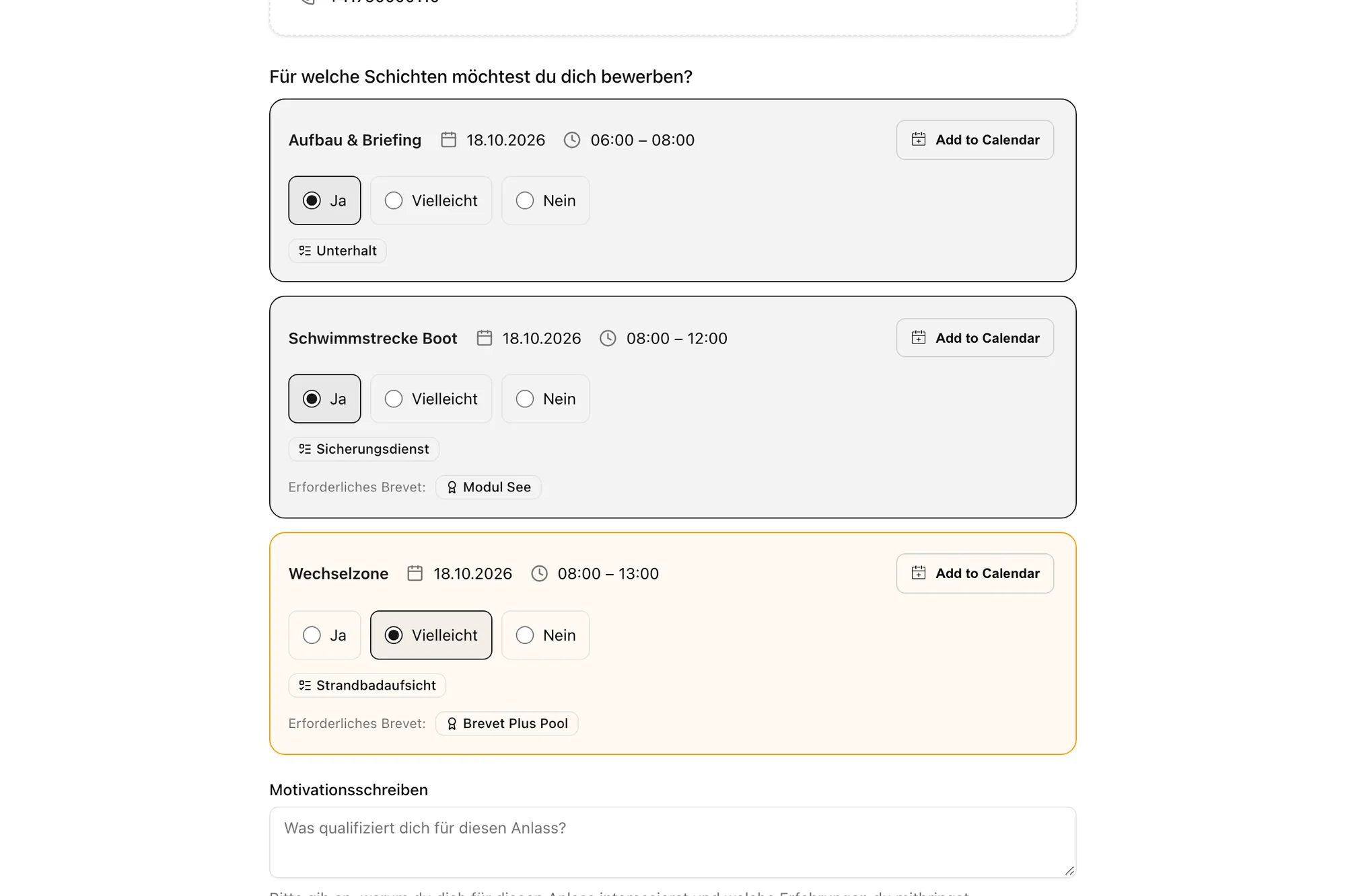 Bewerbungsformular mit Schichtauswahl