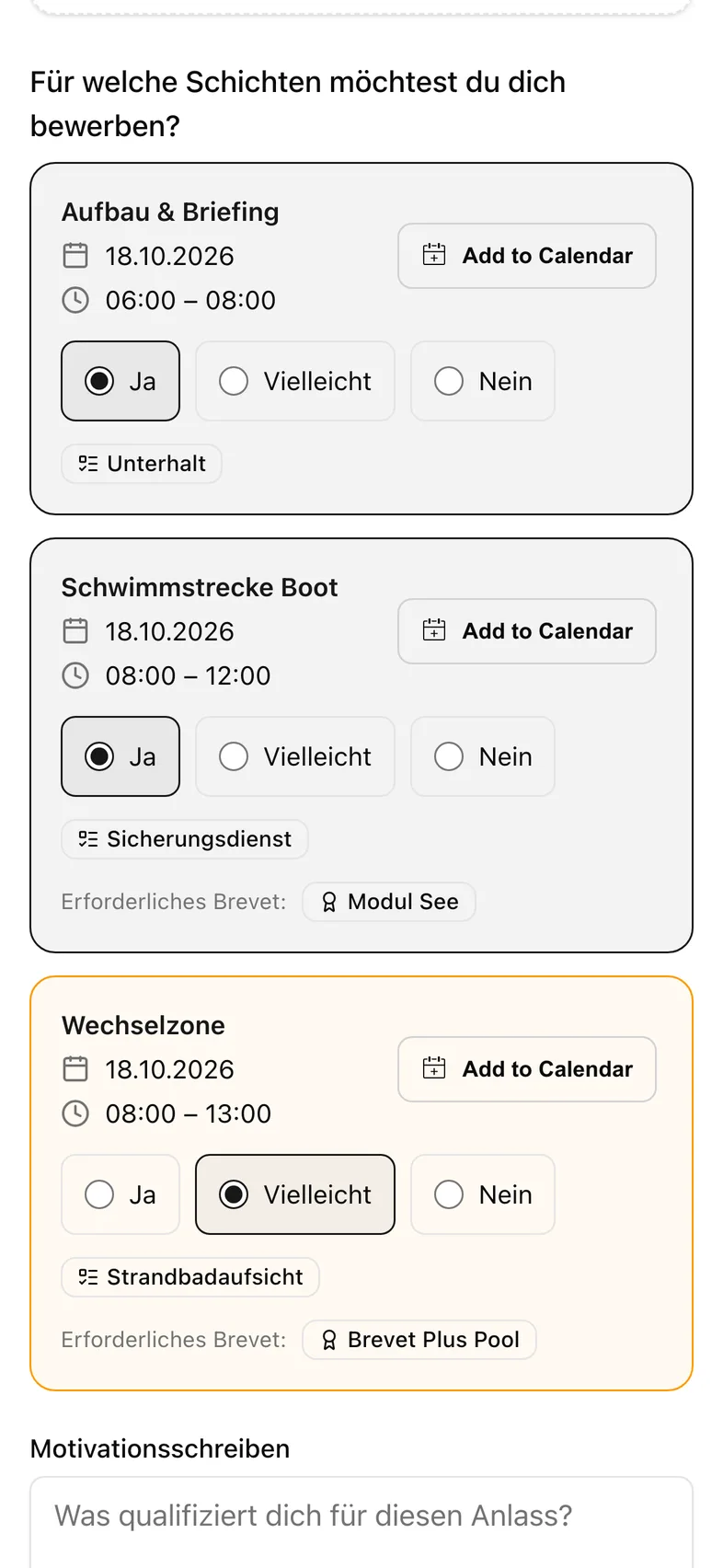 Bewerbungsformular mit Schichtauswahl