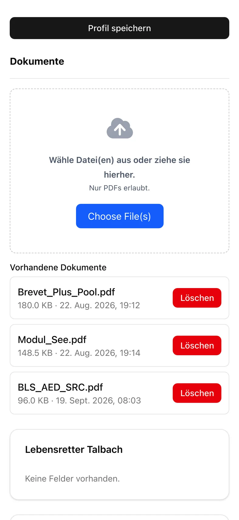 Hochgeladene Brevet-Ausweise als PDF im Profil