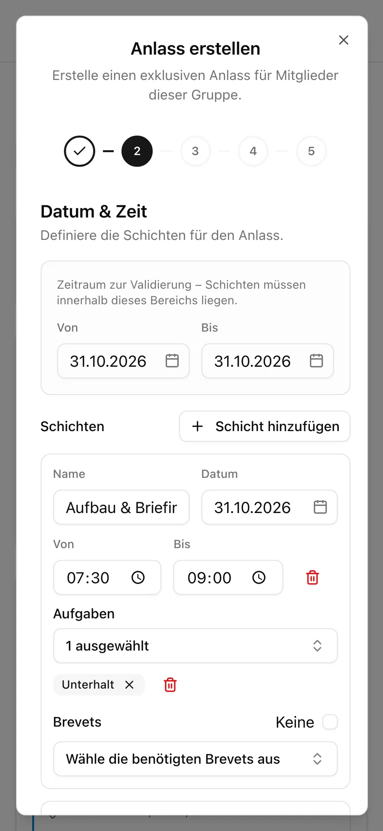 Anlass erstellen mit mehreren Schichten