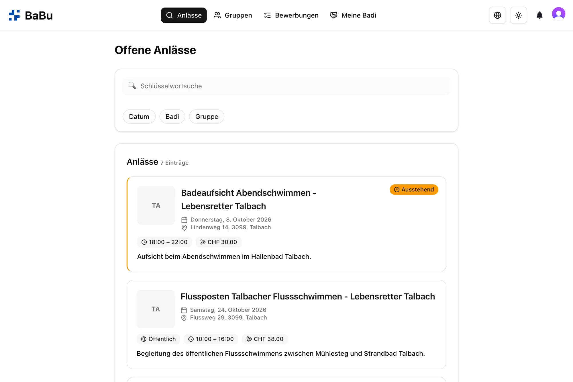Verfügbare Anlässe in Babu