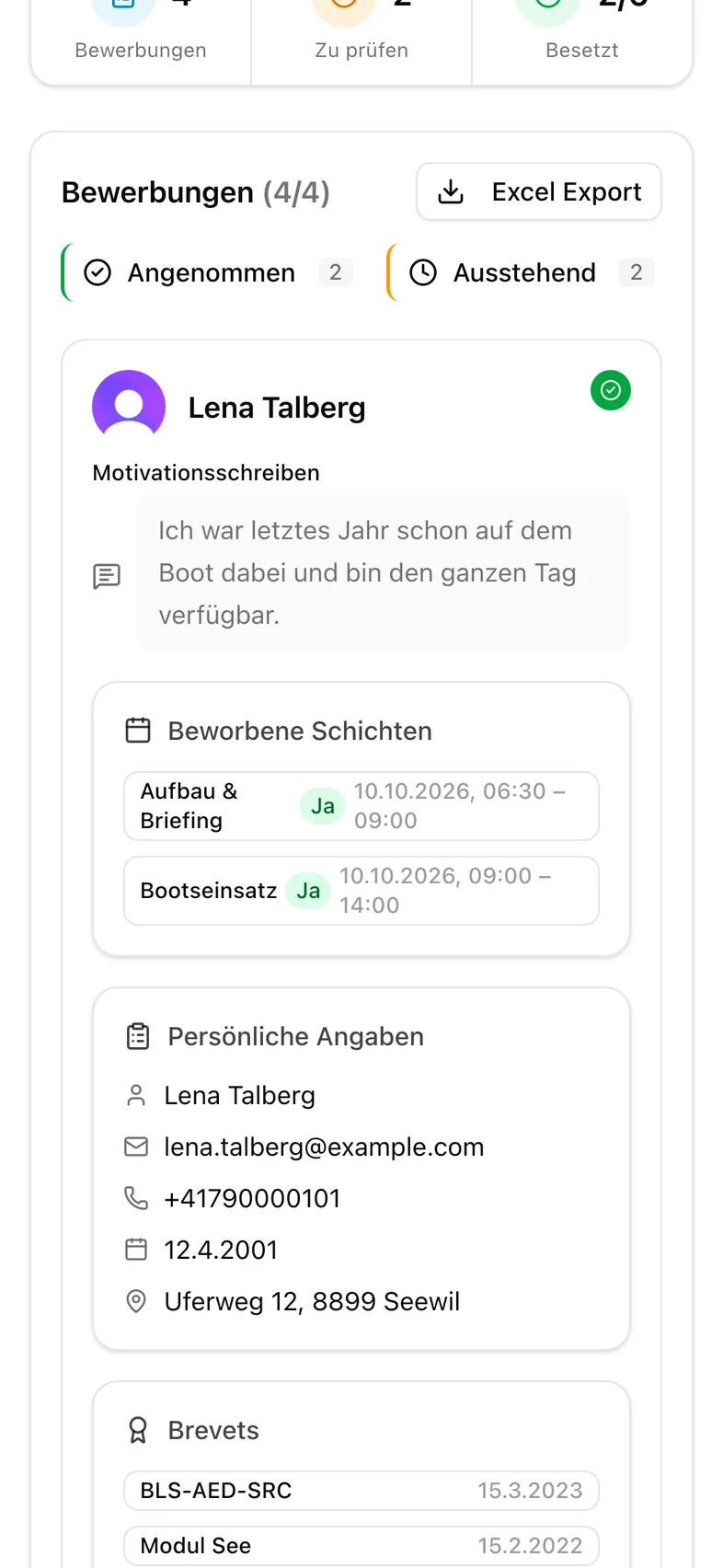 Excel-Export der Bewerbungen