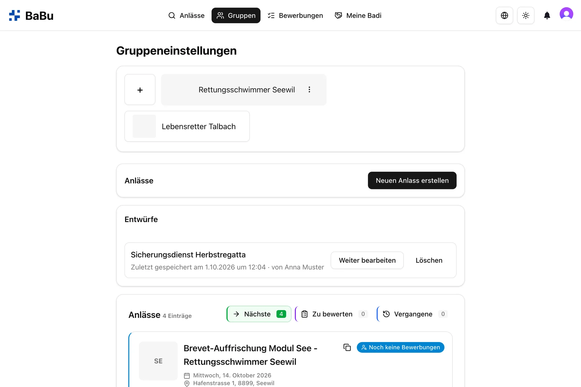 Anlassverwaltung eines Vereins in Babu