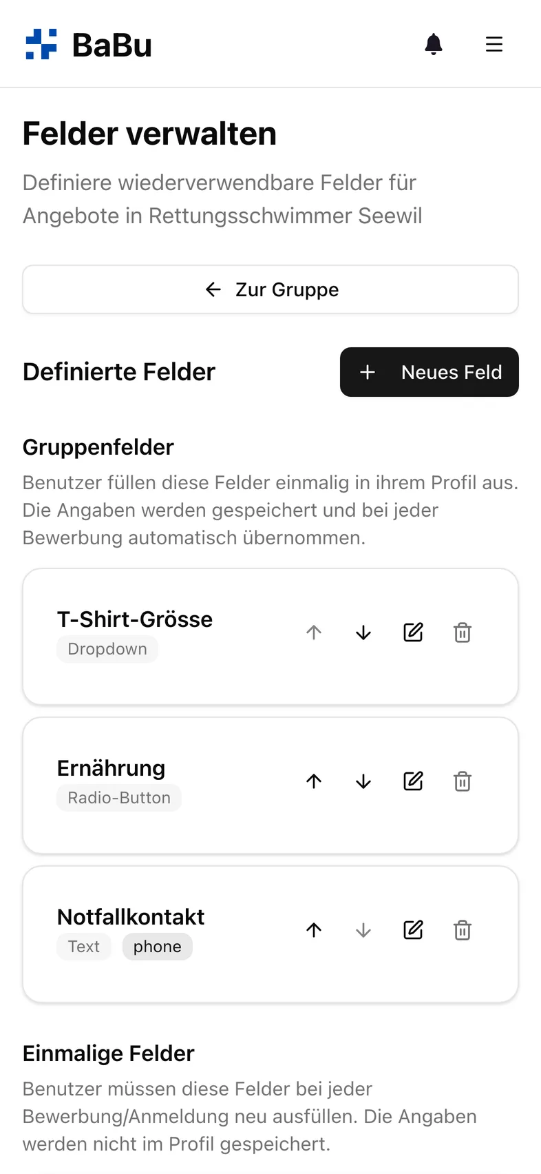 Eigene Felder einer Gruppe verwalten