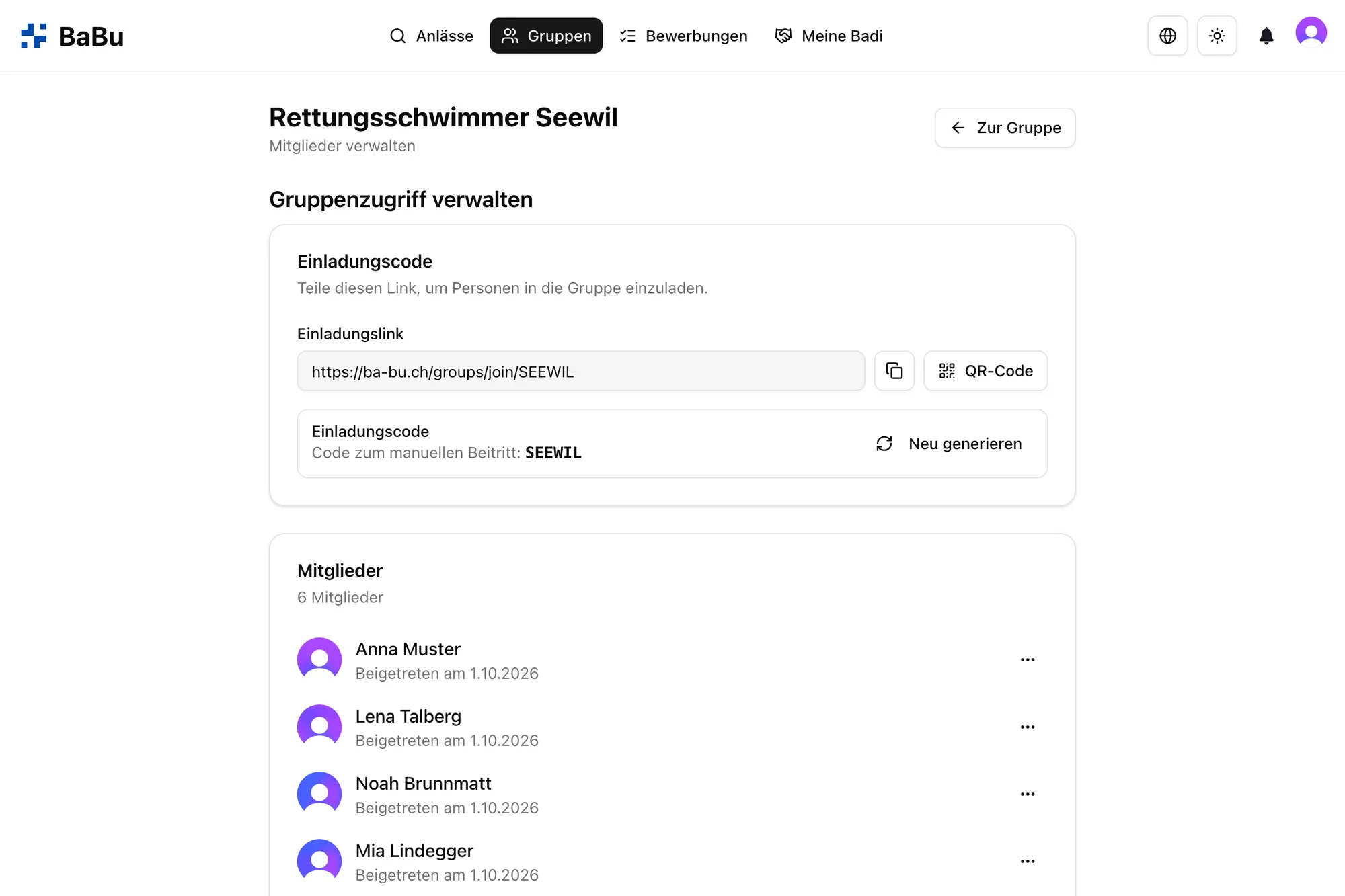 Einladungslink, QR-Code und Mitgliederliste