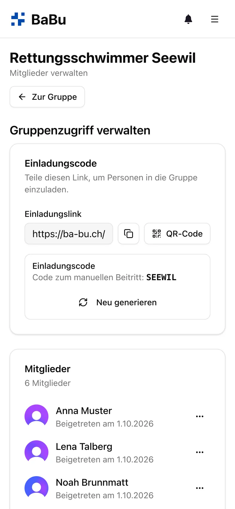 Einladungslink, QR-Code und Mitgliederliste