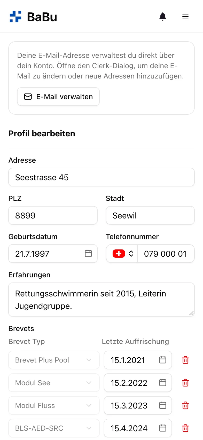 Profil mit Brevets und Kontaktdaten