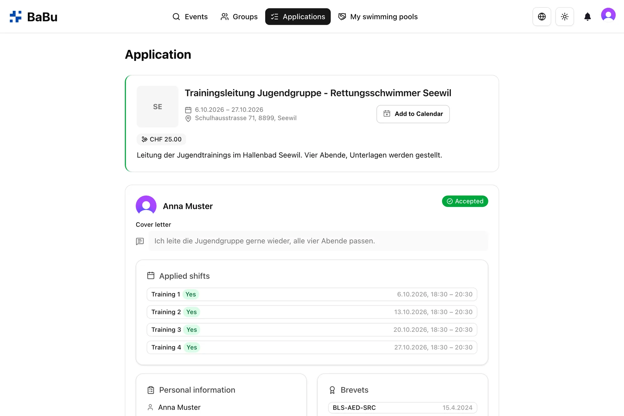 Accepted application with calendar export