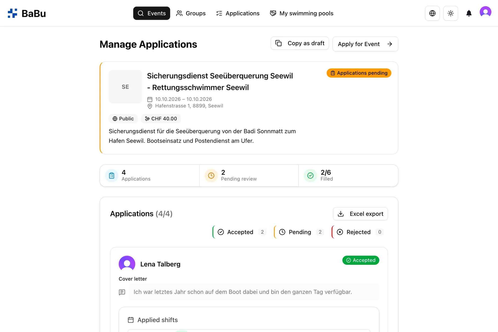 Overview of applications for a club event in Babu