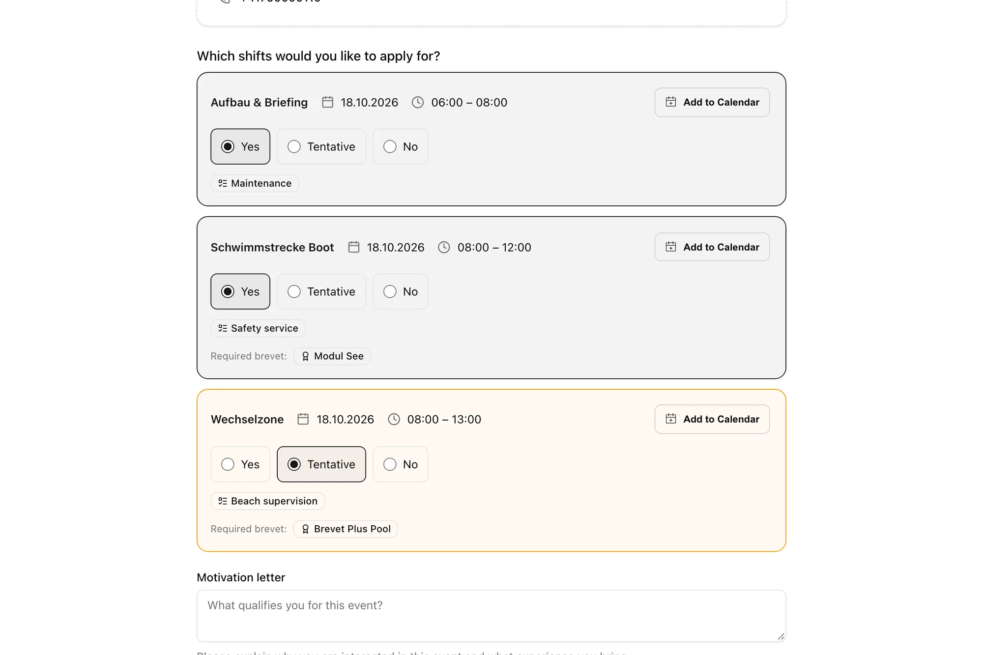 Application form with shift selection