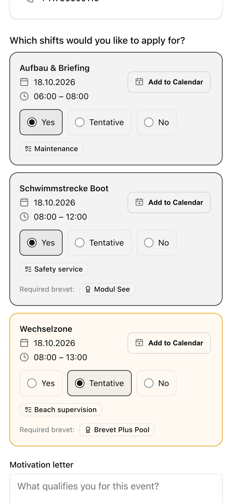 Application form with shift selection