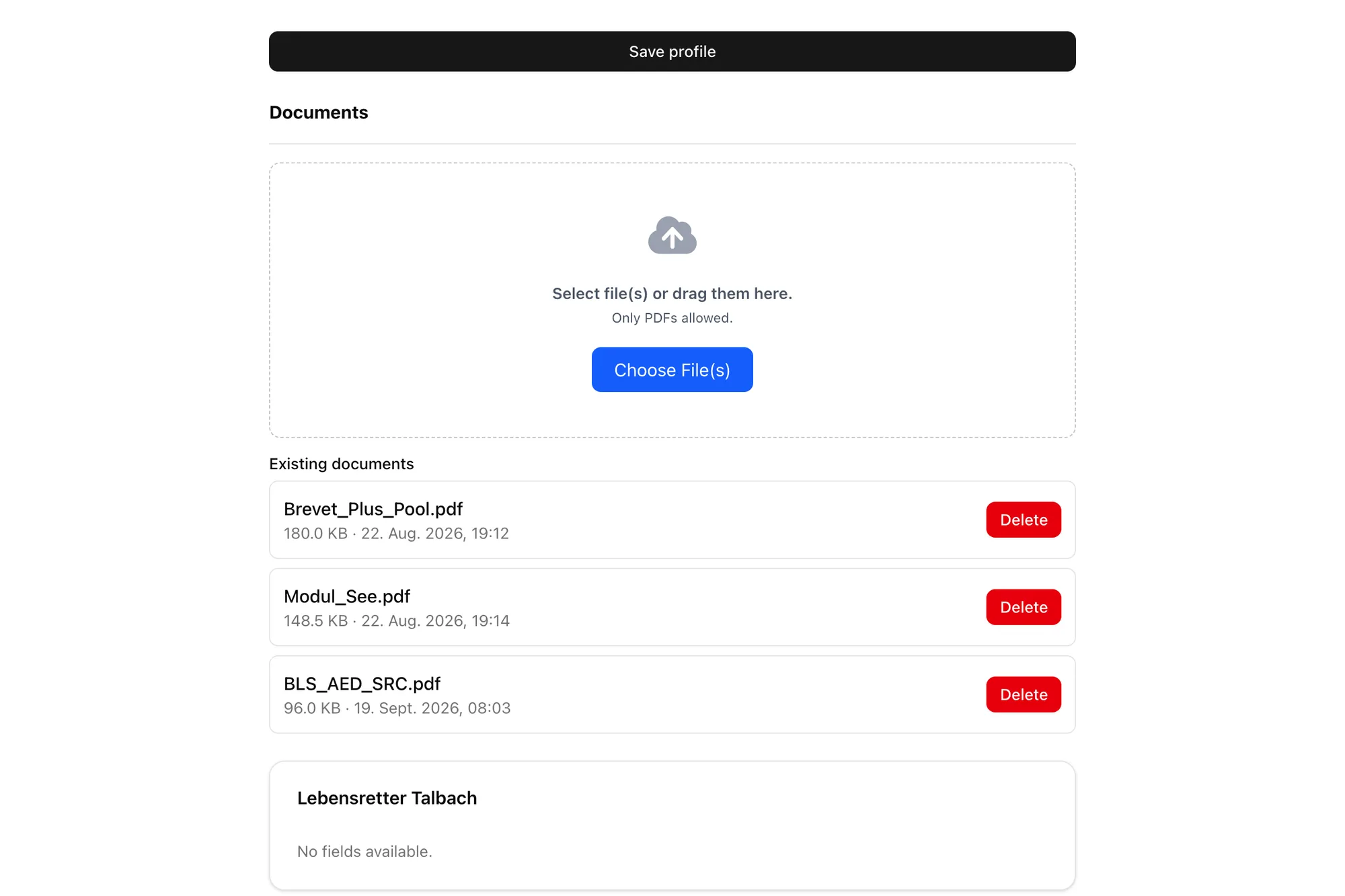 Uploaded brevet certificates as PDFs in the profile