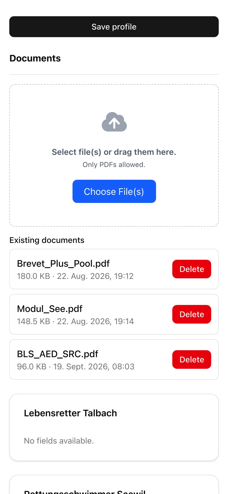 Uploaded brevet certificates as PDFs in the profile