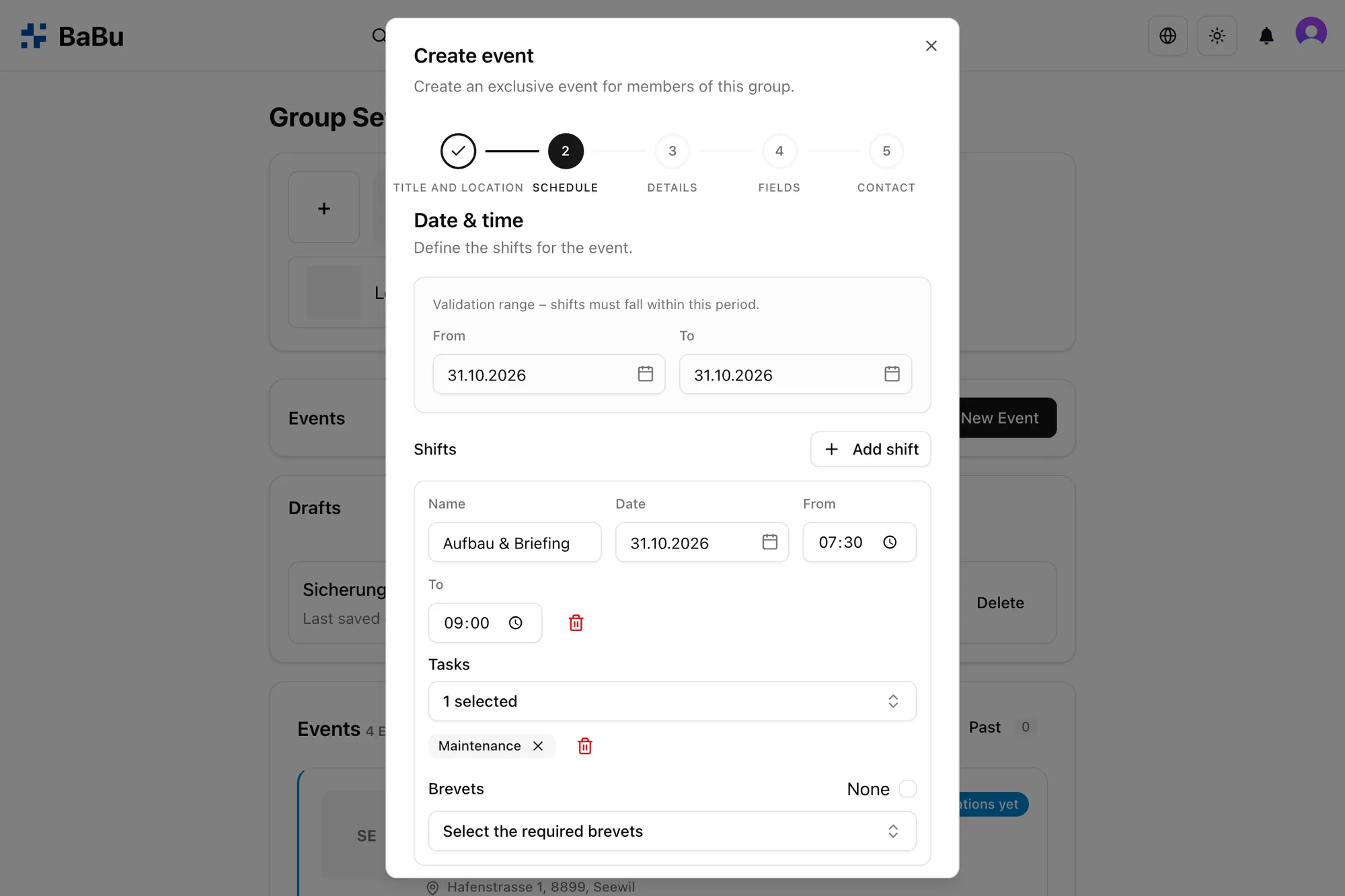 Creating an event with multiple shifts