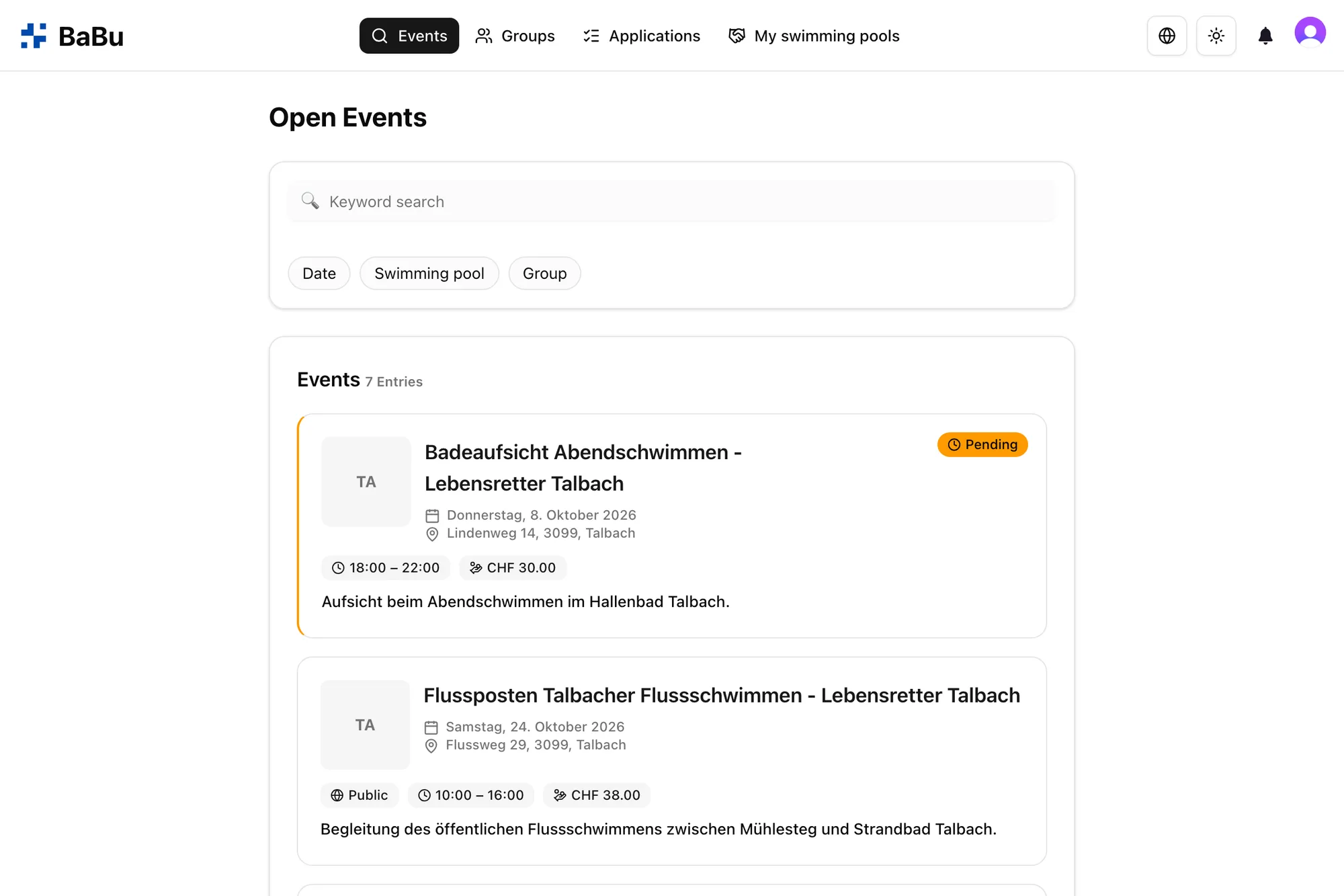 Available events in Babu