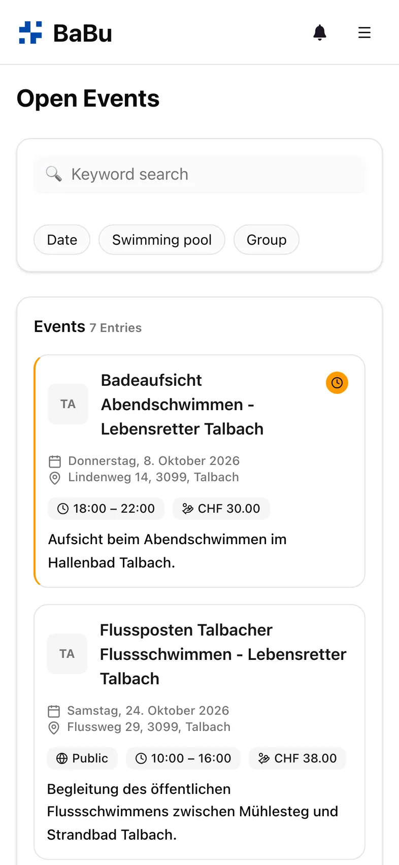 List of available events on a smartphone