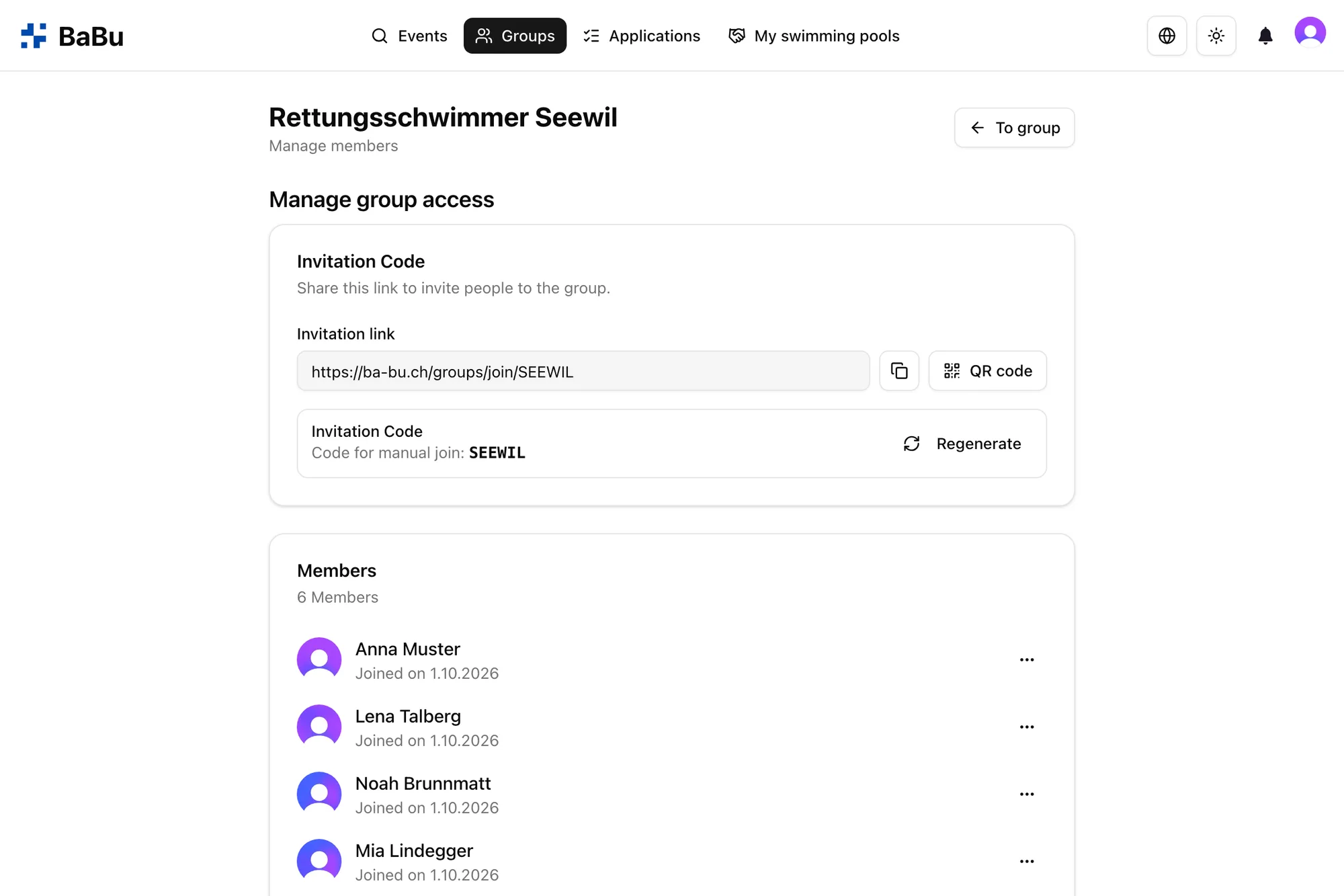 Invite link, QR code and member list
