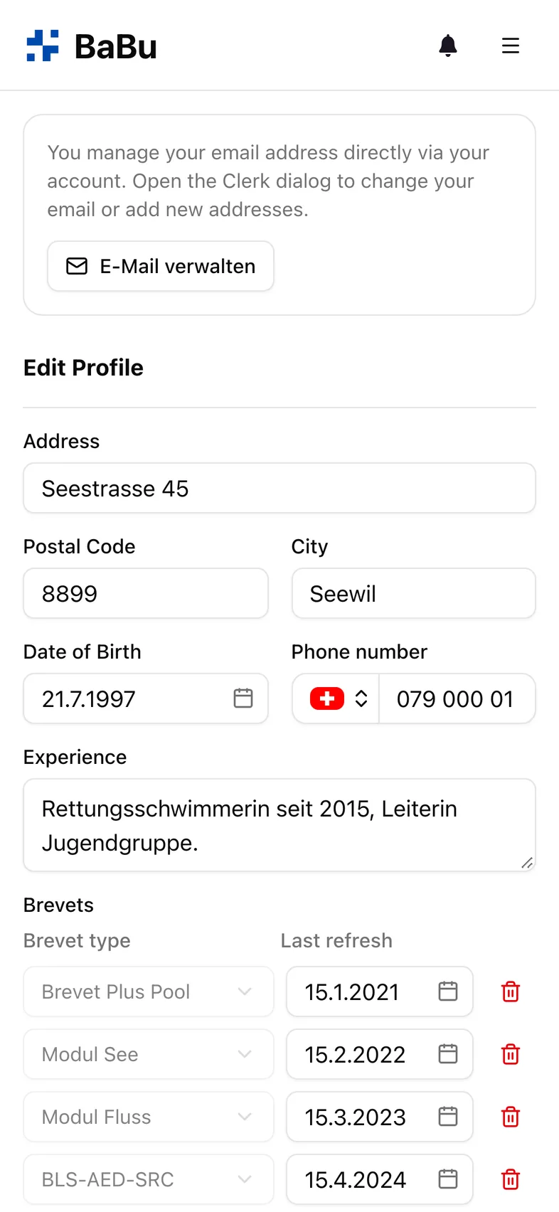 Profile with brevets and contact details
