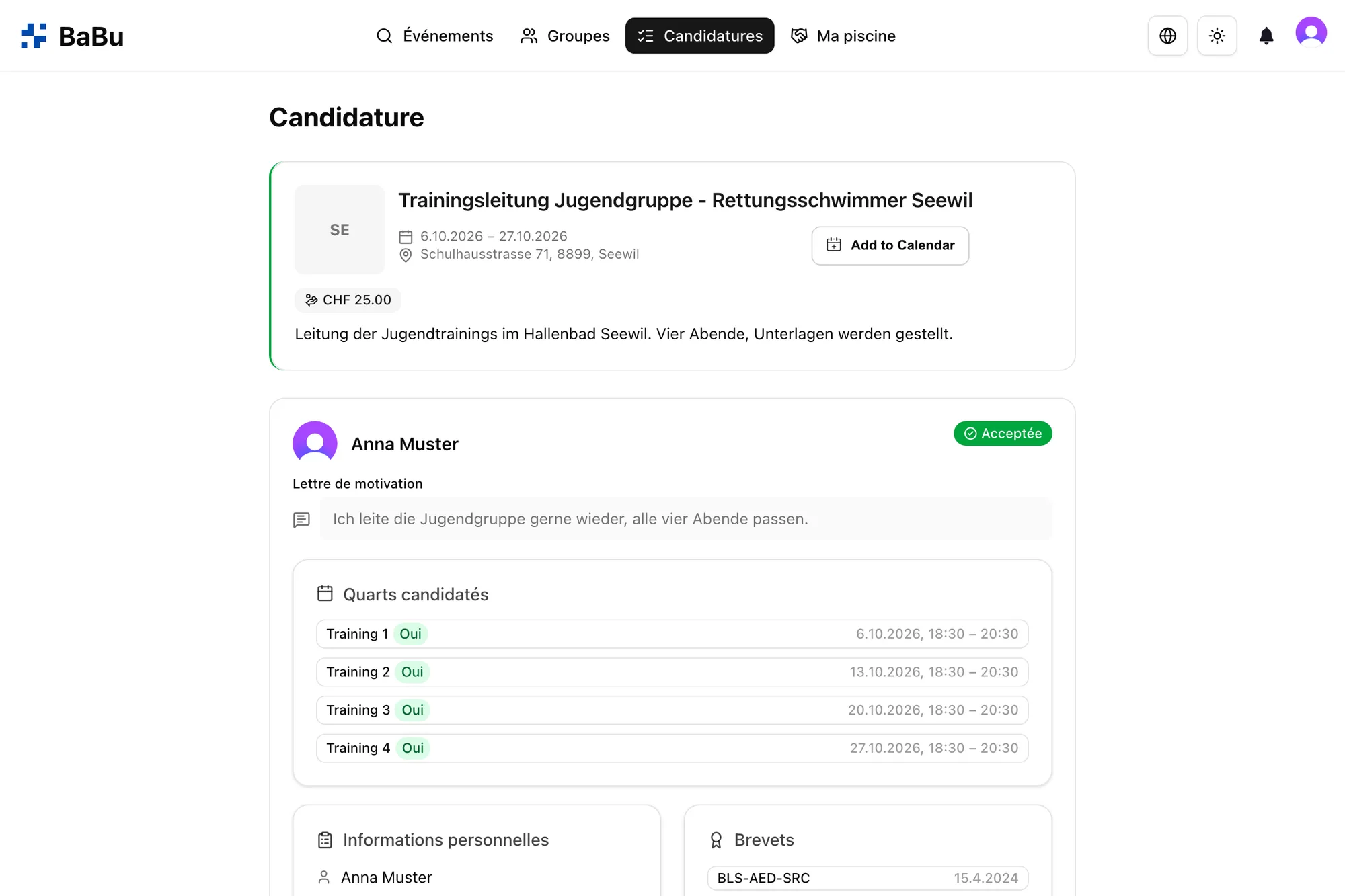 Candidature acceptée avec export calendrier