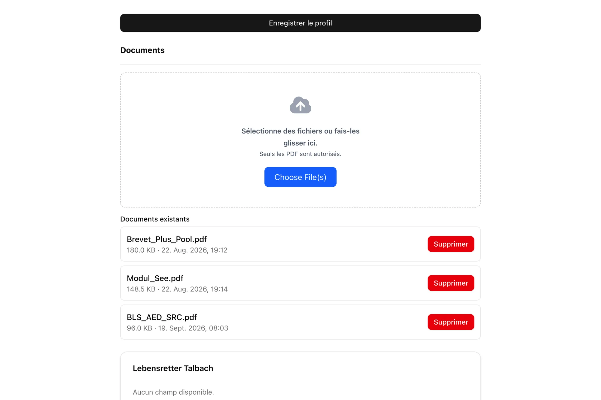 Attestations de brevets téléversées en PDF dans le profil