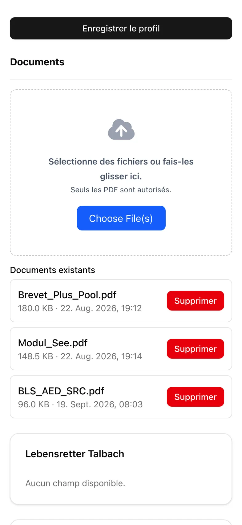 Attestations de brevets téléversées en PDF dans le profil