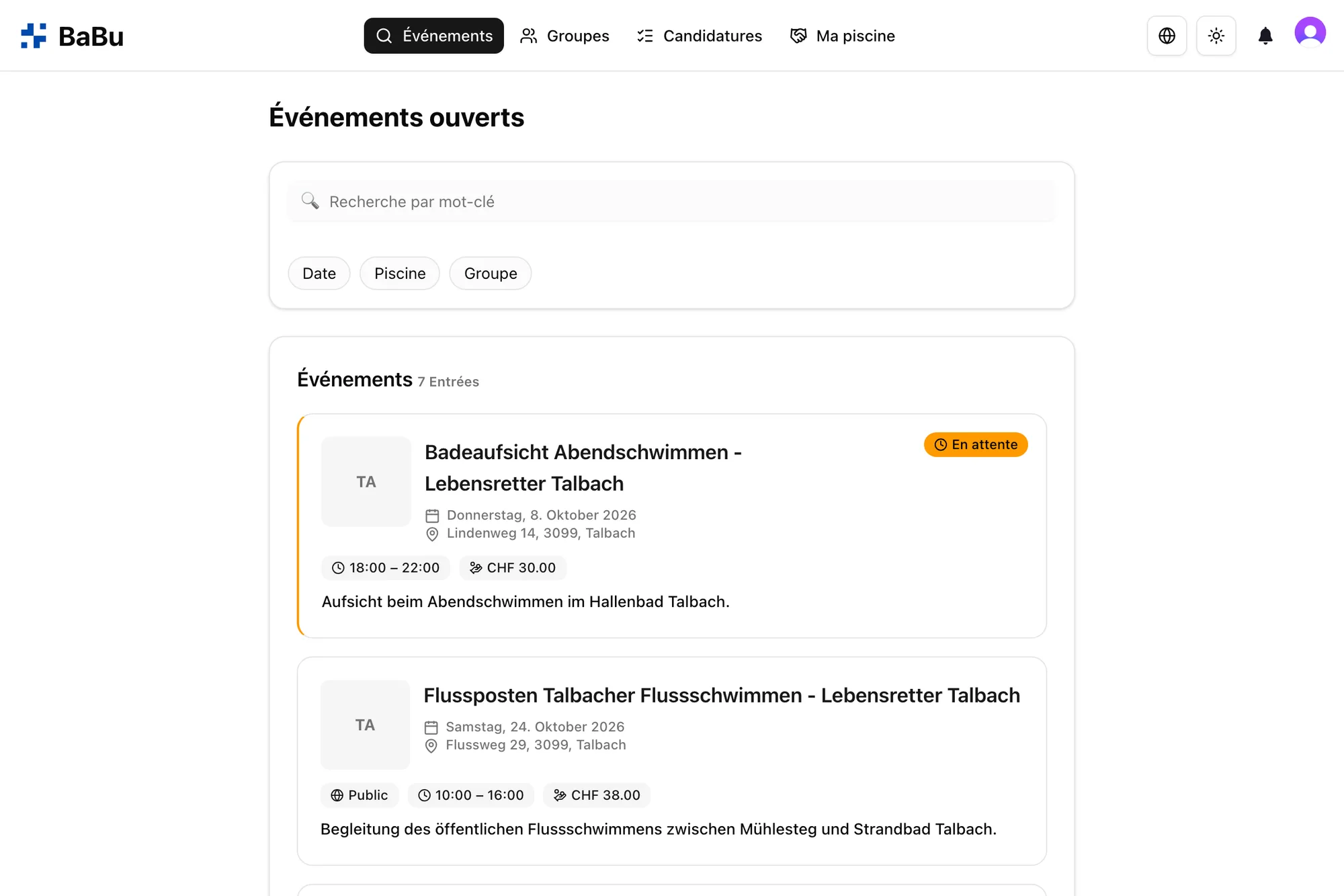 Événements disponibles dans Babu