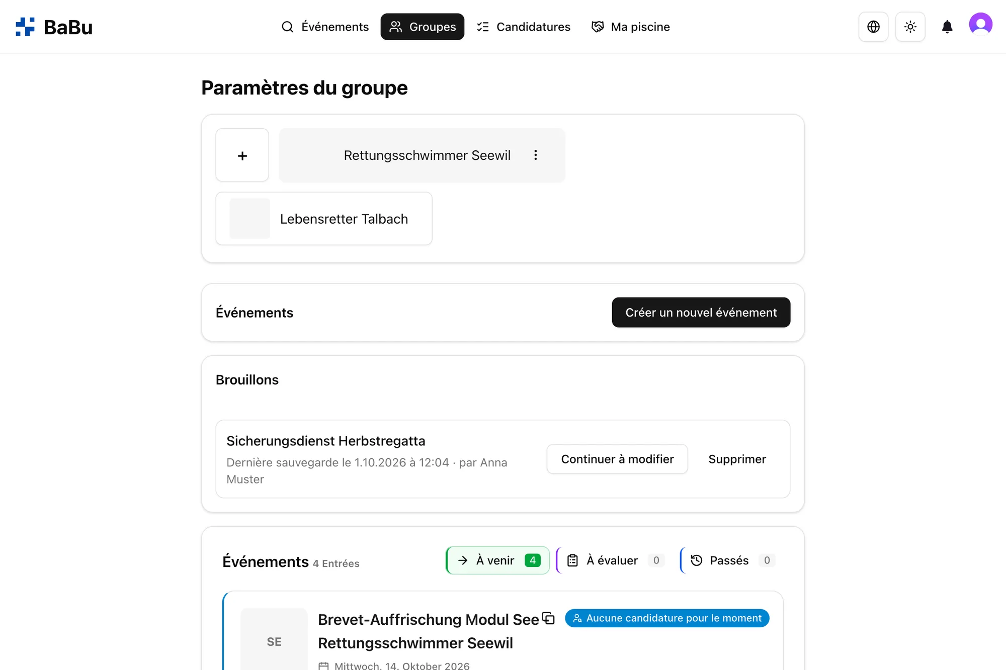 Gestion des événements d'un club dans Babu