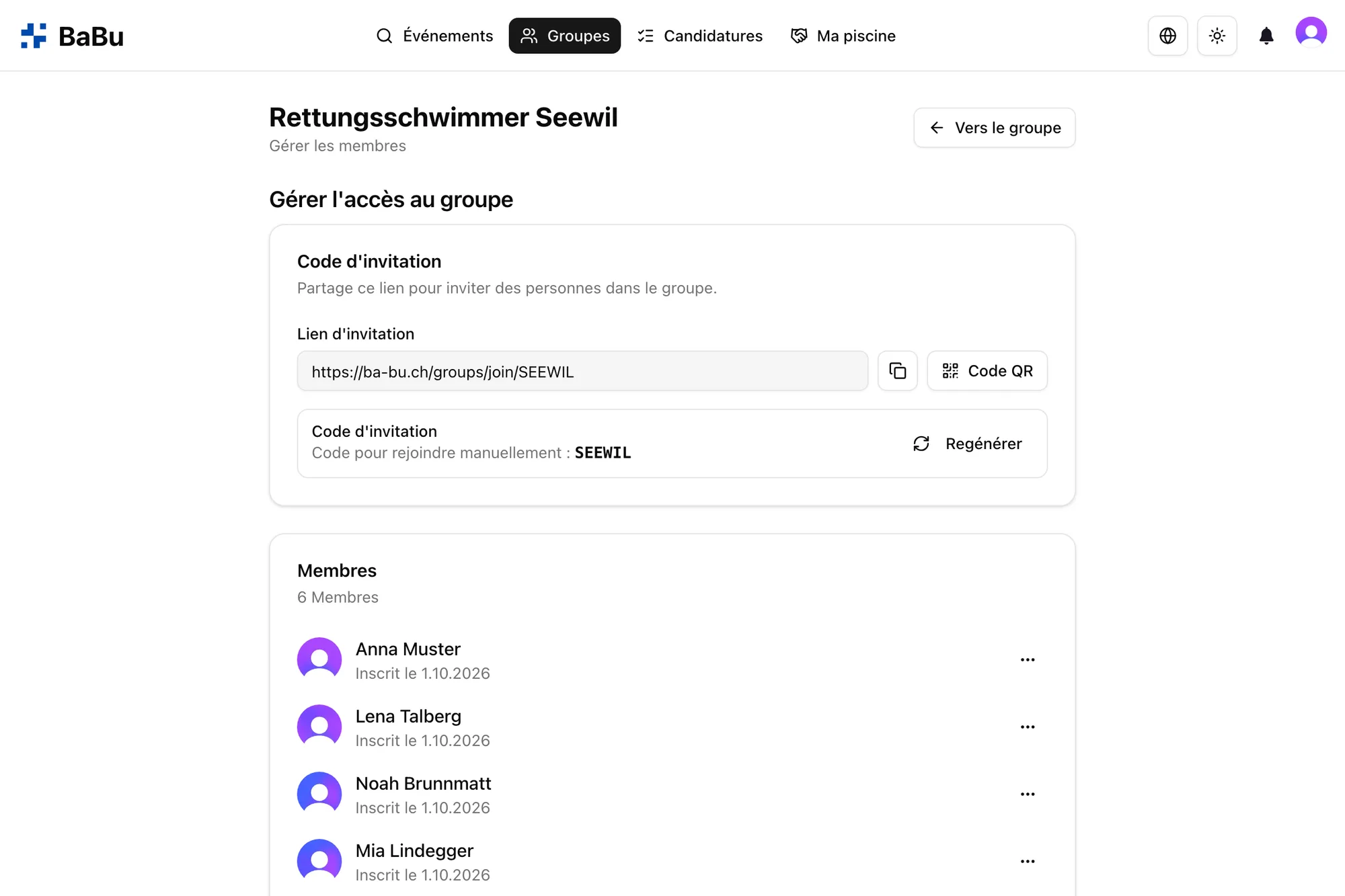Lien d'invitation, QR code et liste des membres