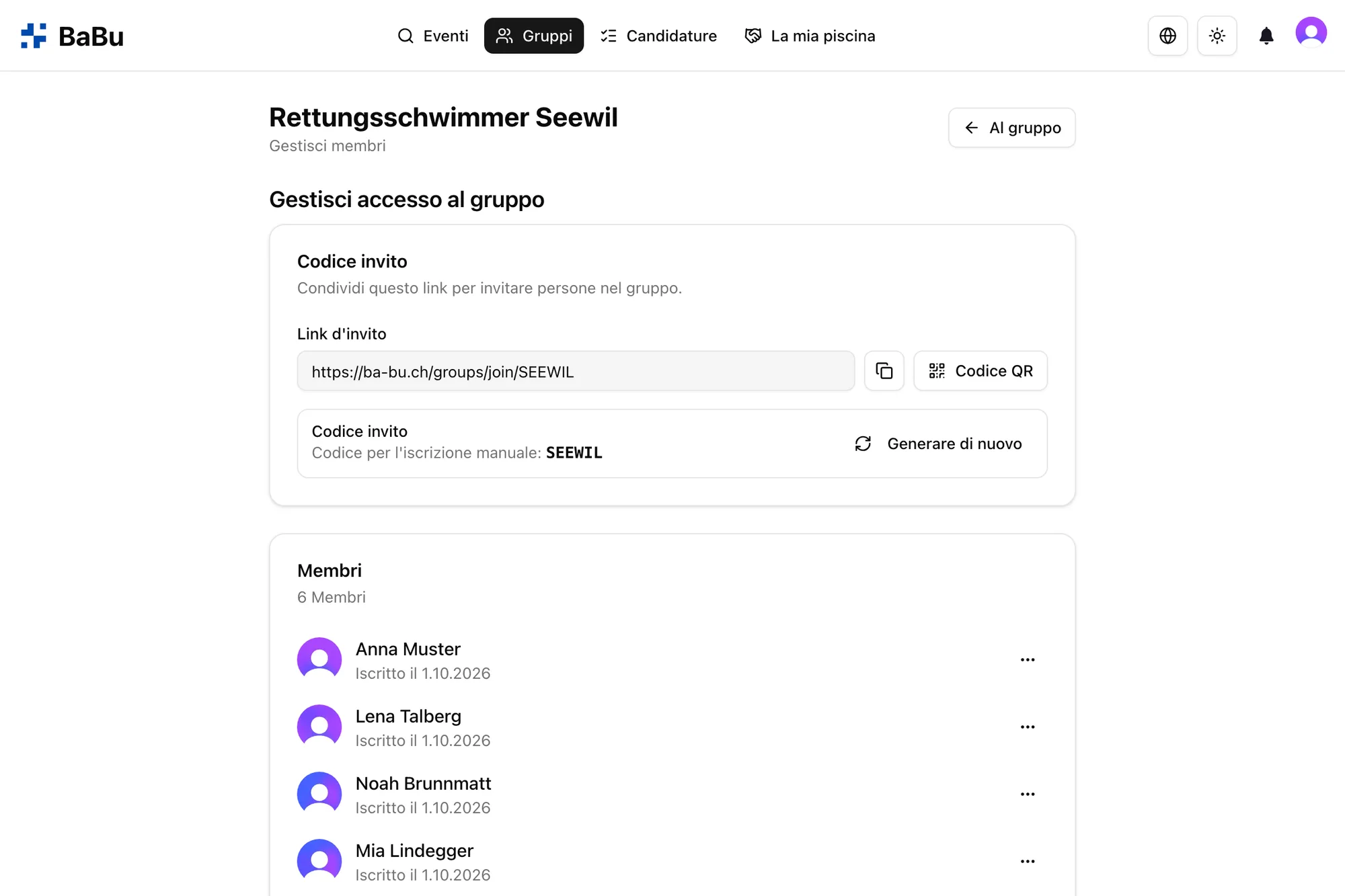Link d'invito, codice QR ed elenco membri