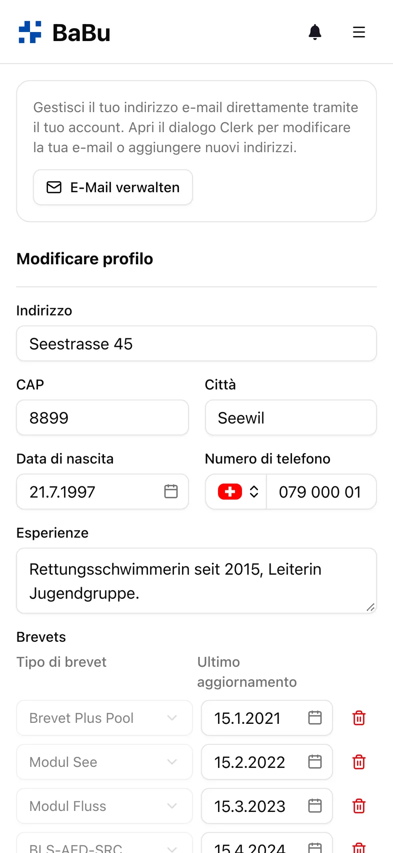 Profilo con brevetti e dati di contatto