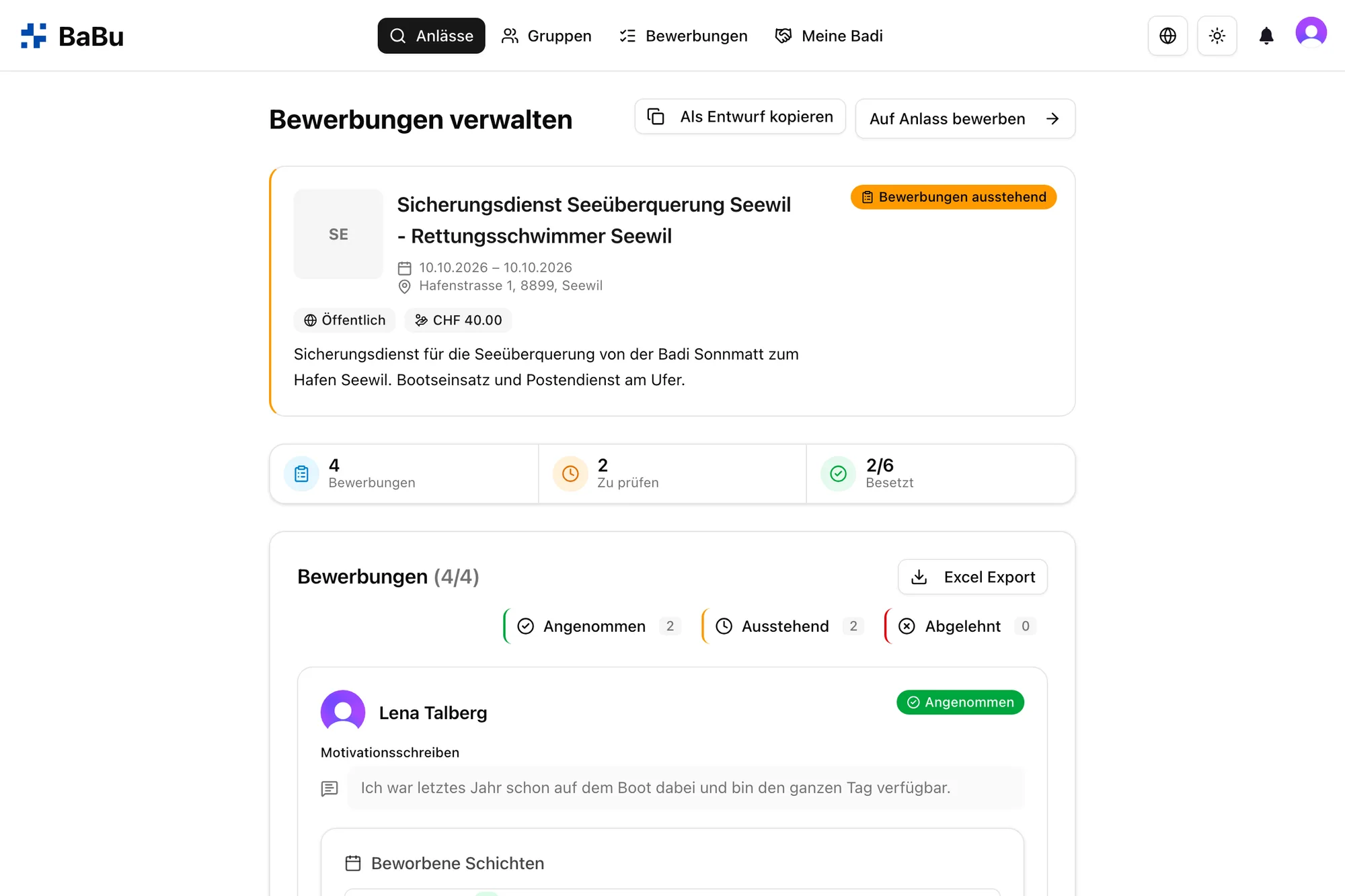 Übersicht der Bewerbungen zu einem Vereinsanlass in Babu