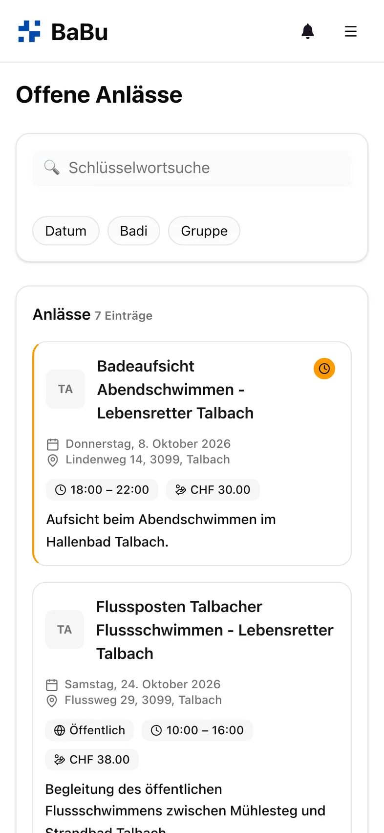 Liste der verfügbaren Anlässe auf dem Smartphone