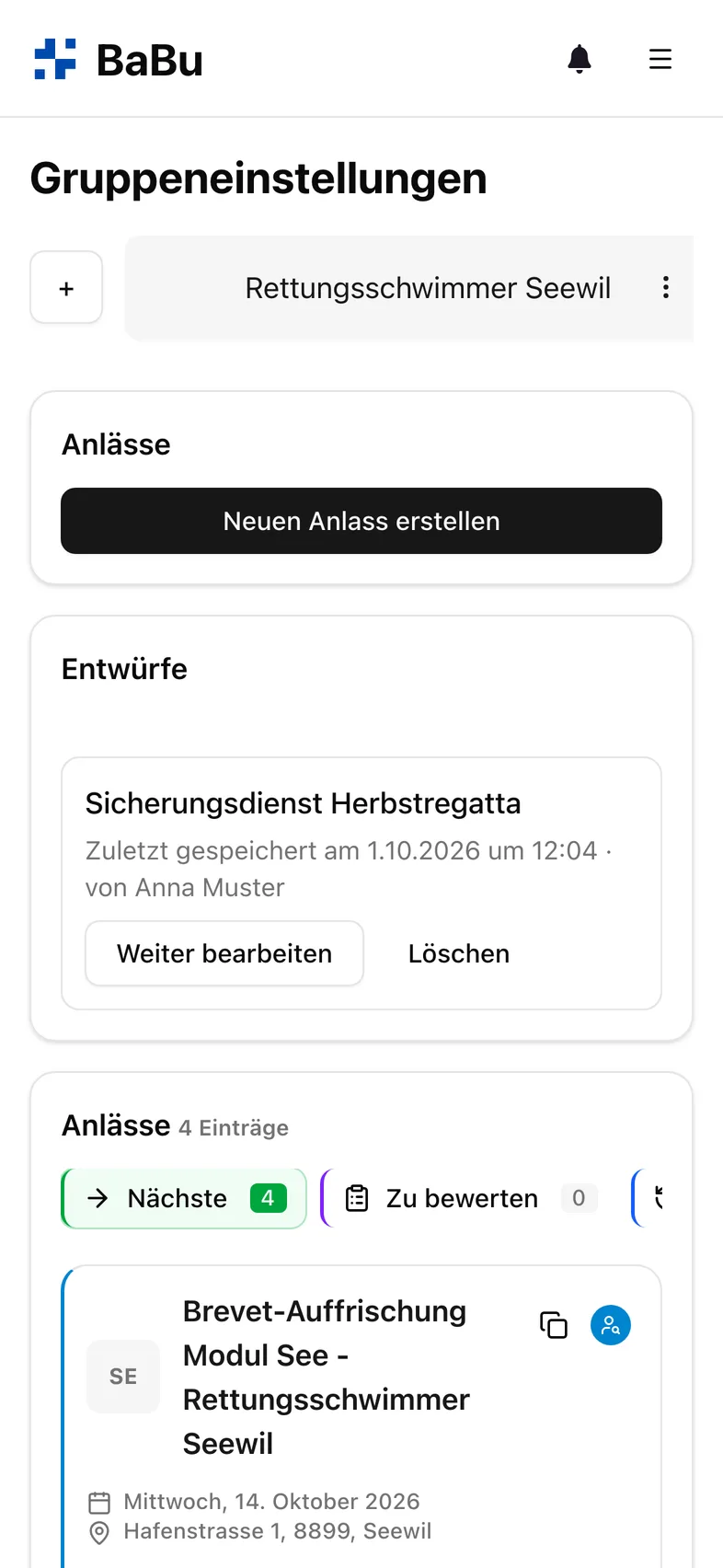 Anlassverwaltung eines Vereins in Babu
