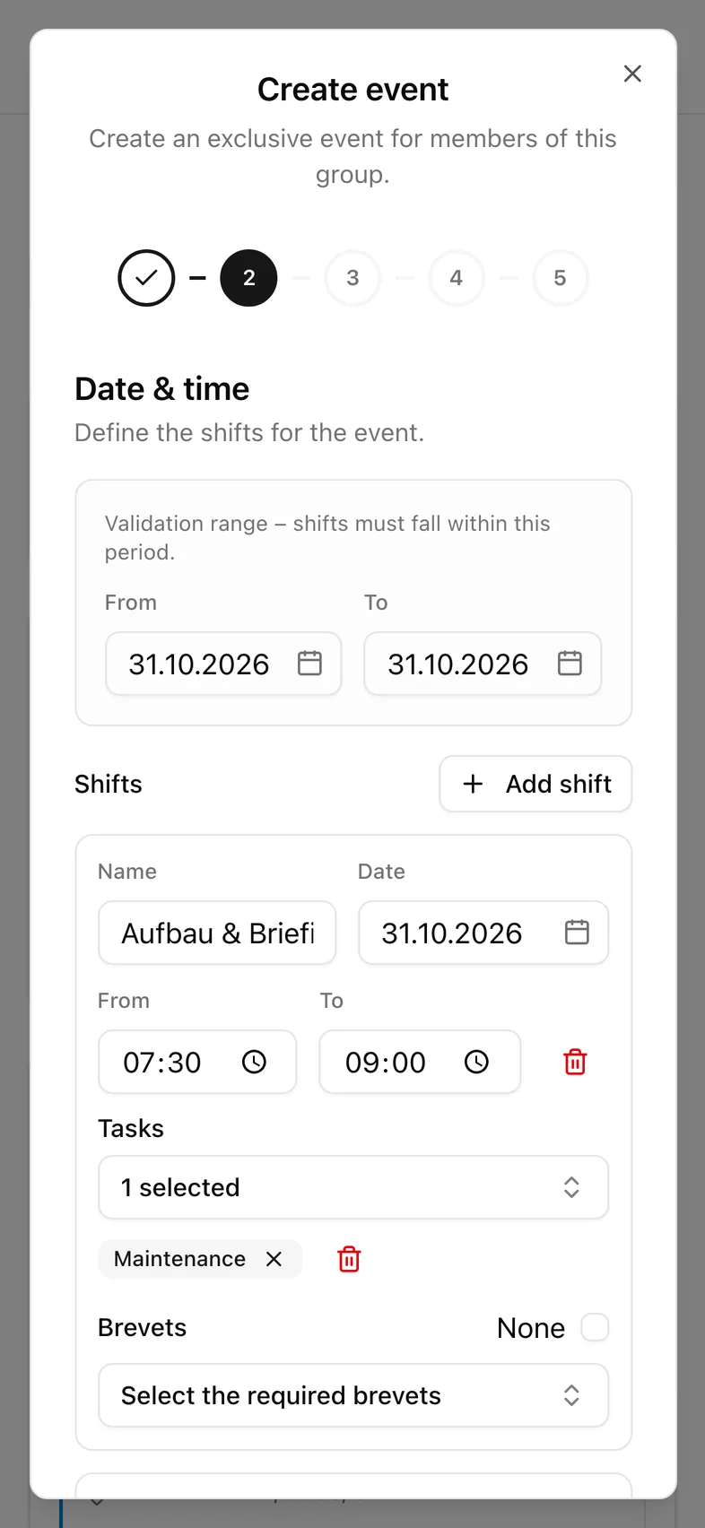 Creating an event with multiple shifts