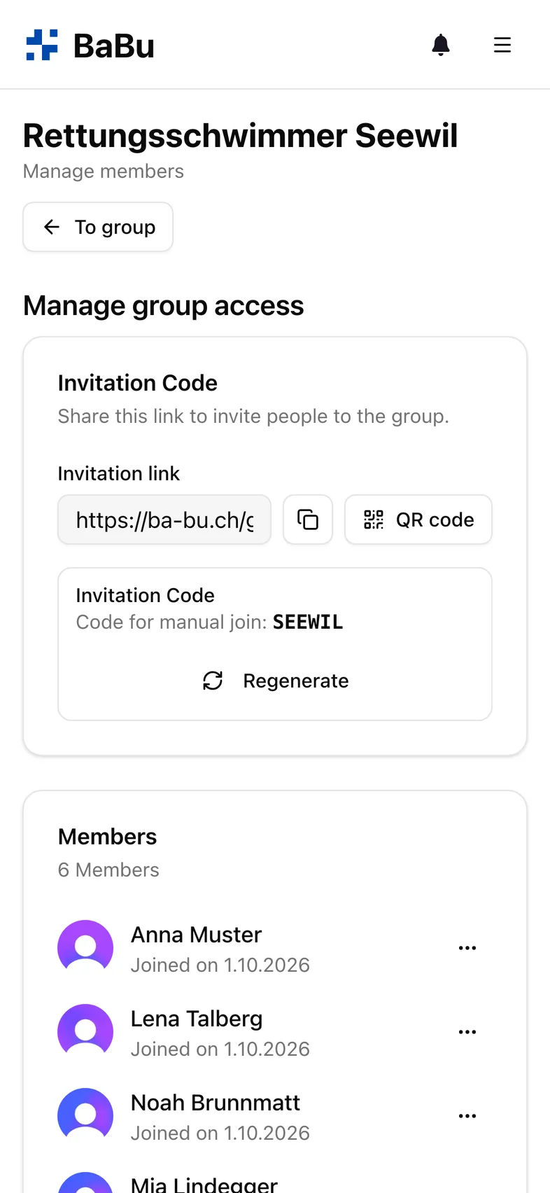 Invite link, QR code and member list