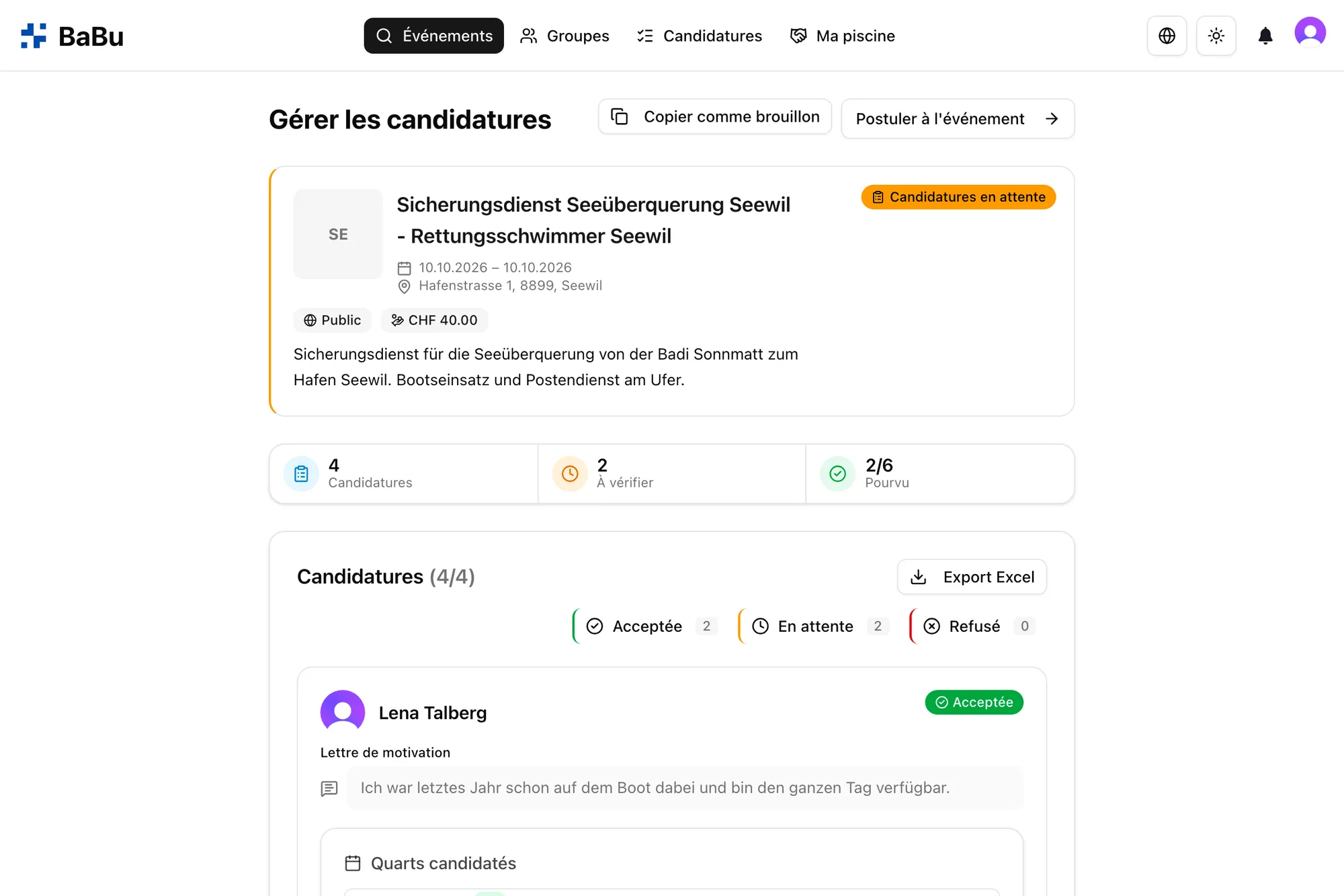 Aperçu des candidatures pour un événement de club dans Babu