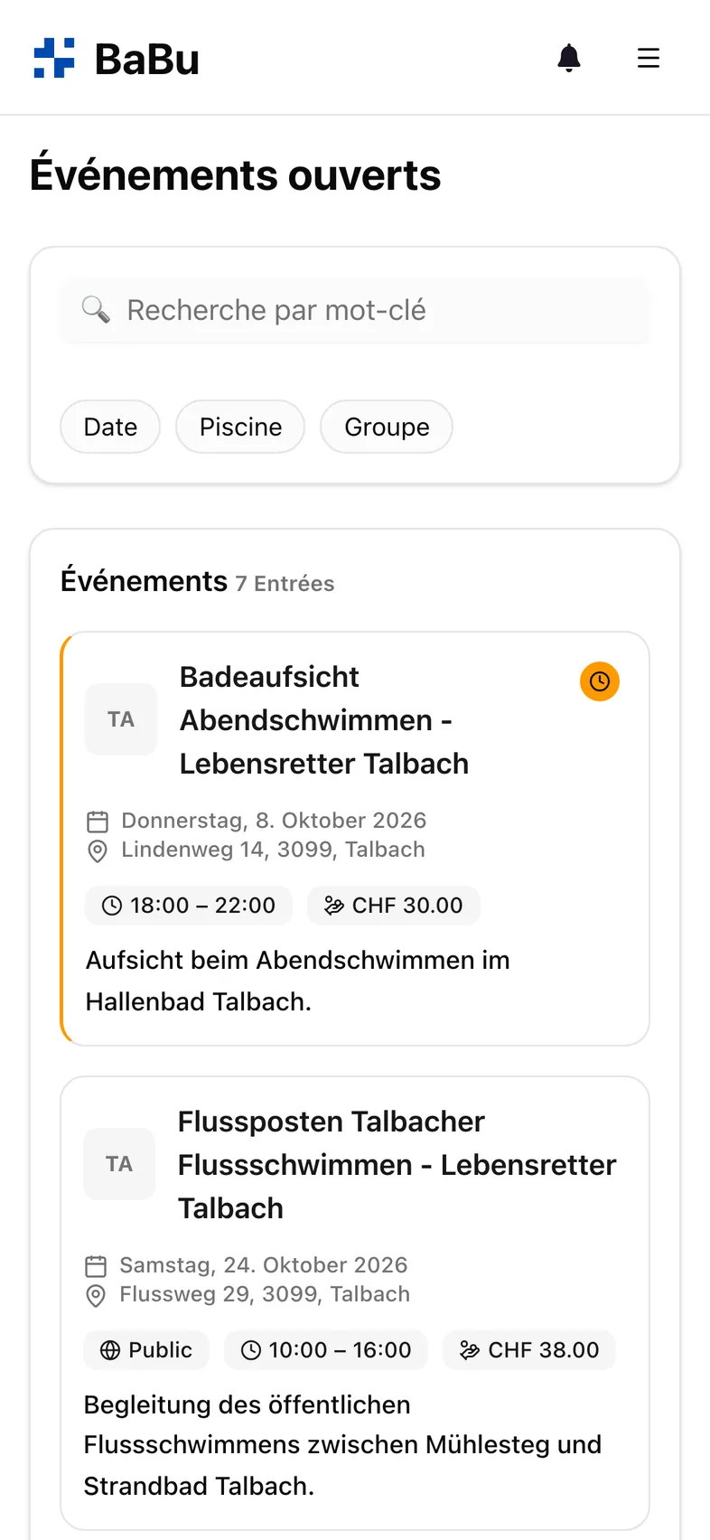 Liste des événements disponibles sur smartphone
