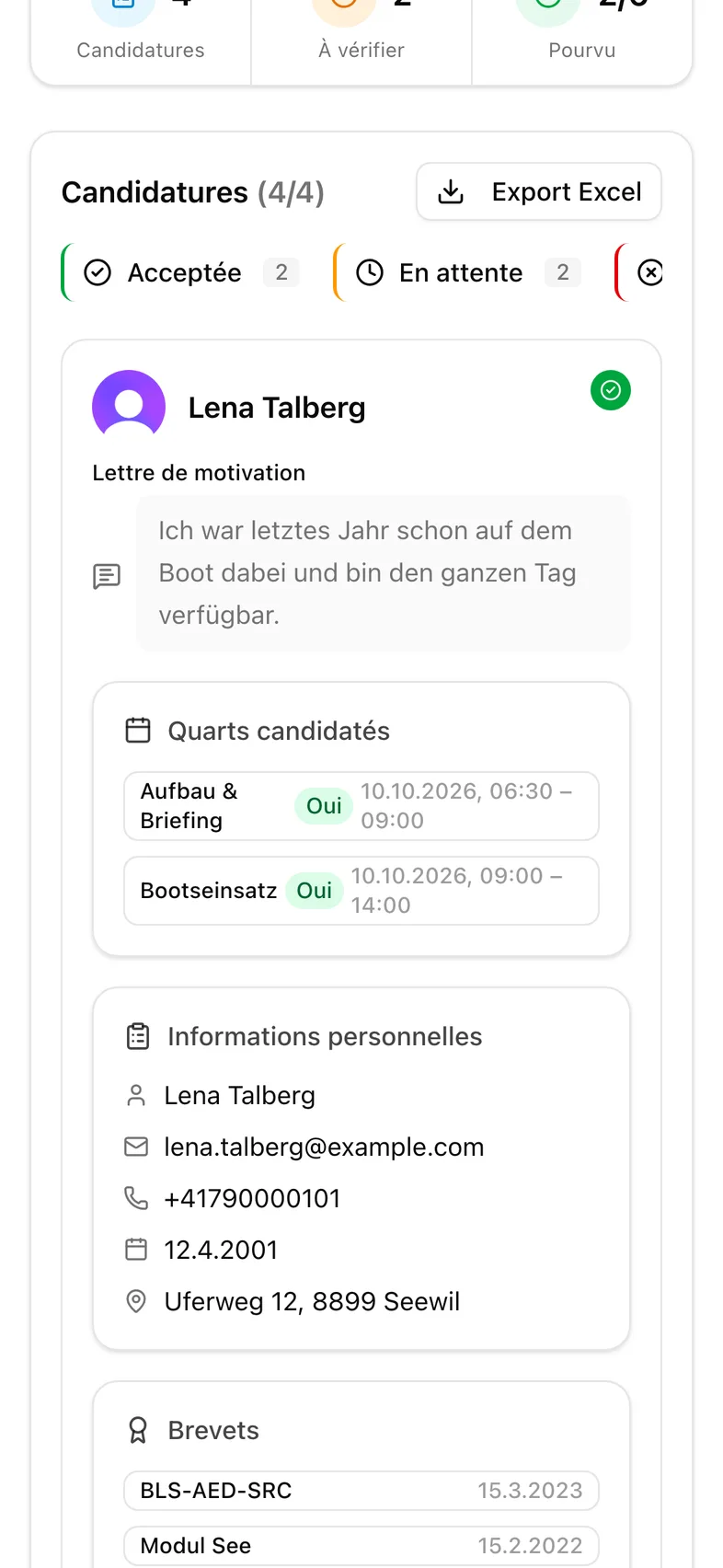 Export Excel des candidatures