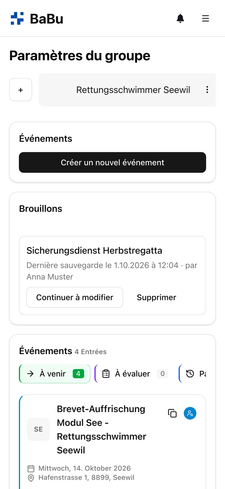 Gestion des événements d'un club dans Babu