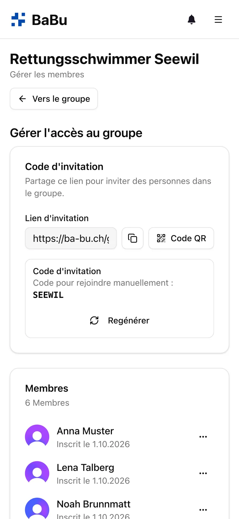 Lien d'invitation, QR code et liste des membres