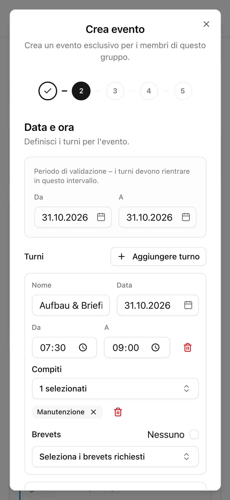 Creare un evento con più turni