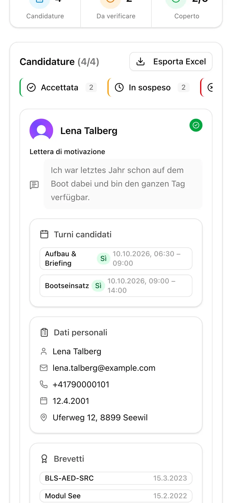 Esportazione Excel delle candidature