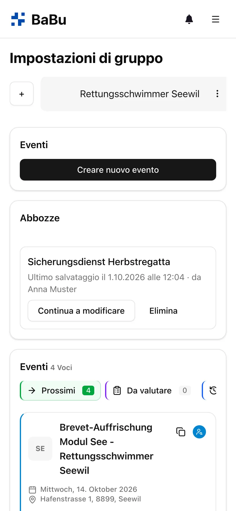 Eventi di un club con bozze e stato dell'organico