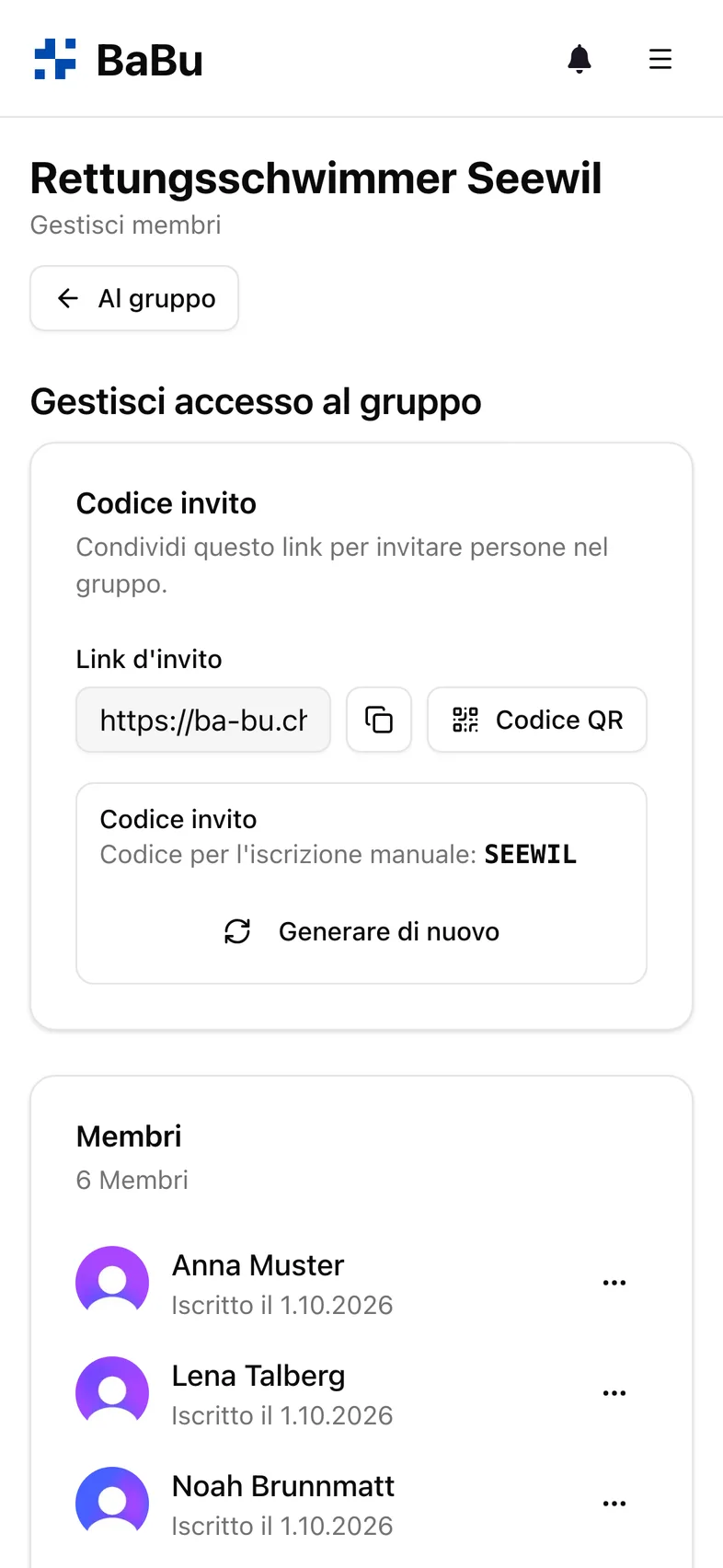 Link d'invito, codice QR ed elenco membri
